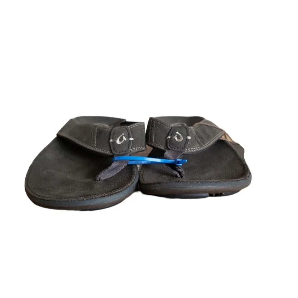 OluKai Nui Men’s Flip Flop Sandals Full Grain Leather Gray Size 12 NEW